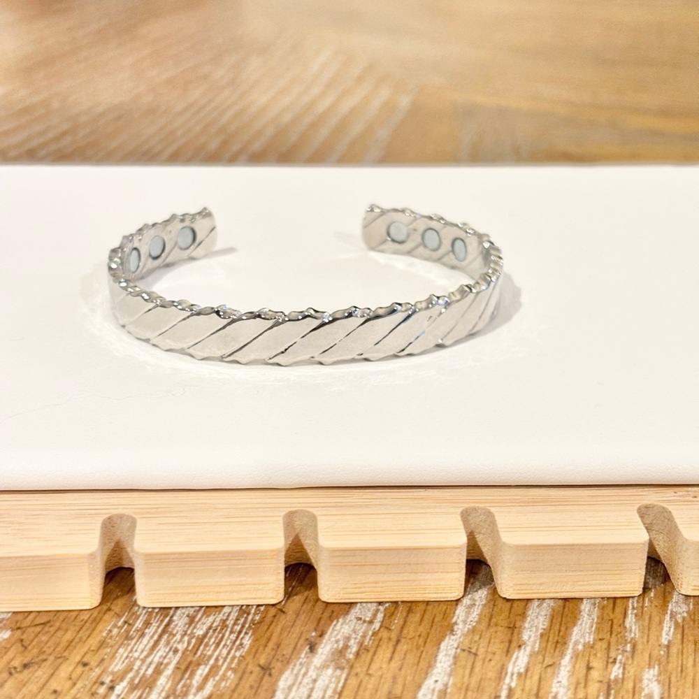 Magnetic Style Silver Cuff Bracelet Twisted Adjustable Modern Wellness Inspired